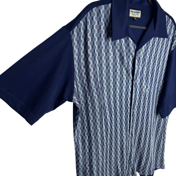 VTG bc ethic Lounge Mens XL Blue Geometric‎ Bowling Shirt 3 Star Brand USA - Picture 5 of 9